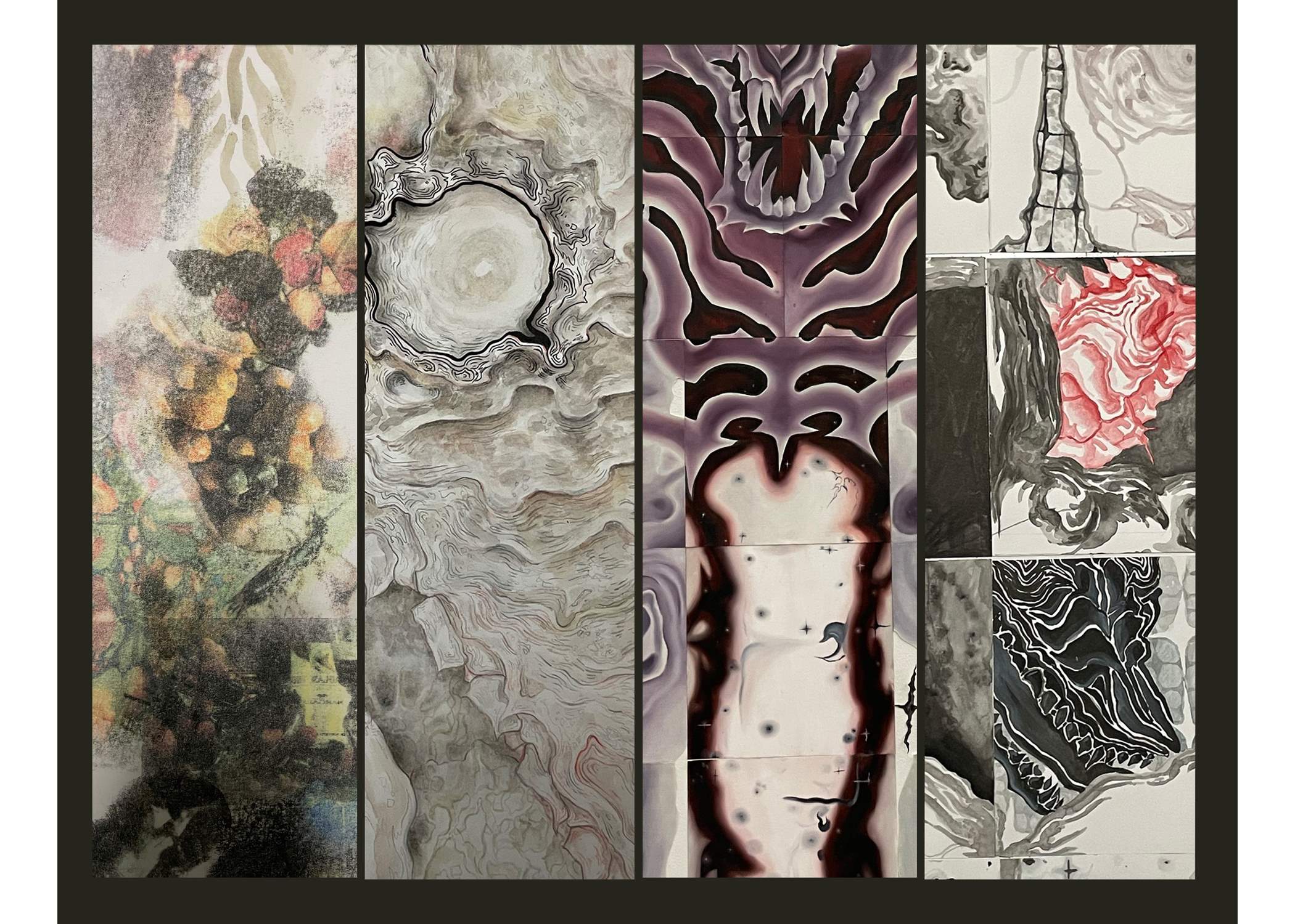 An image of multiple detail shots of the artist's work spliced together, used as promo for Beyond exhibition
